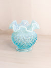 Vintage Fenton Small Blue Circular Hobnail Opalescent Glass Vase with Ruffle Edge