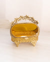 Vintage Ornate Gold Tone Angled Casket Jewelry Box with Amber Glass