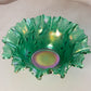 Vintage Green Iridescent Fenton Glass Wildflower Ruffled Bowl