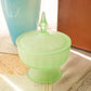 Vintage Green Frosted Glass Lidded Footed Dish with Finial