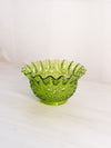 Vintage Green Glass Daisy and Button Bowl with Ruffle Edge