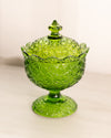Vintage Green Glass Daisy & Button Lidded Footed Dish