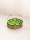 Vintage Green Uranium Glass Dish with Silver Tone Metal Caddy (Glows)