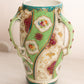 Vintage Green & White Ceramic Floral Vase with 3 Handles