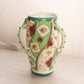 Vintage Green & White Ceramic Floral Vase with 3 Handles