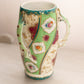 Vintage Green & White Ceramic Floral Vase with 3 Handles