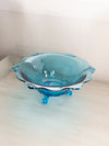 Vintage Heavy Fancy Blue Glass 3-Toed Bowl