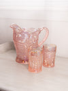 Vintage Imperial Glass Pink Iridescent Floral Pitcher with 2 Glasses