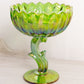 Vintage Indiana Green Iridescent Lotus Blossom Glass Flower Compote