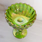 Vintage Indiana Green Iridescent Lotus Blossom Glass Flower Compote
