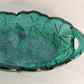 Vintage Indiana Lily Pons Oval Teal Green Floral Handled Glass Dish