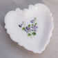 Vintage Kemple Small White Milk Glass Heart Dish with Purple Flowers