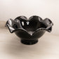 Vintage Large Black Glass Footed Bowl with Ruffle Edge