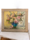 Vintage Large Flowers in Blue Vase Painting with Grey Frame