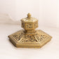 Vintage Large Hexagonal Brass Inkwell with Ornate Designs (No Insert)