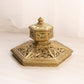 Vintage Large Hexagonal Brass Inkwell with Ornate Designs (No Insert)