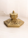 Vintage Large Hexagonal Brass Inkwell with Ornate Designs (No Insert)