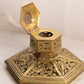 Vintage Large Hexagonal Brass Inkwell with Ornate Designs (No Insert)