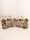 Vintage Large Metal Floral Double Inkwell with Glass Inserts