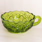 Vintage LE Smith Circular Green Glass Nappy Bowl with Sawtooth Edge