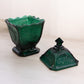 Vintage LE Smith Greenbrier Green Glass Lidded Dish w/ Floral Designs