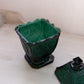 Vintage LE Smith Greenbrier Green Glass Lidded Dish w/ Floral Designs