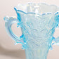 Medium Blue Iridescent Glass Handled Floral Vase