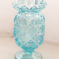 Vintage Medium Blue Iridescent Glass Old Quilt Ruffled Footed Vase