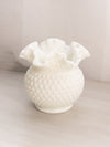 Vintage Medium Circular White Milk Glass Hobnail Vase with Ruffle Edge