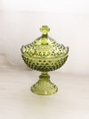 Vintage Medium Fenton Green Glass Footed Hobnail Lidded Dish