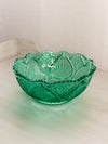 Vintage Medium Green Glass Bowl with Sawtooth Edge and Fancy Designs