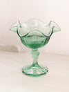 Vintage Medium Green Glass Compote with Ruffle Edge and Fancy Designs