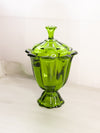 Vintage Medium Green Glass Footed 8 Petal Lidded Dish with Finial
