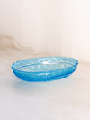 Vintage Medium Oval Blue Glass Bowl with Bird and Berry Designs