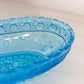 Vintage Medium Oval Blue Glass Bowl with Bird and Berry Designs