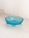 Vintage Medium Oval Blue Glass Daisy & Button Bowl with 4 Toes