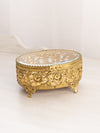 Vintage Medium Oval Gold Tone Metal Floral Jewelry Casket Box