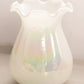 Vintage Medium White Iridescent Hand Blown Vase with Ruffle Edge