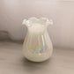 Vintage Medium White Iridescent Hand Blown Vase with Ruffle Edge