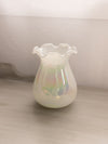 Vintage Medium White Iridescent Hand Blown Vase with Ruffle Edge