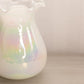 Vintage Medium White Iridescent Hand Blown Vase with Ruffle Edge