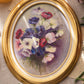 Vintage Oval Painting with Cream, Pink & Purple Flowers