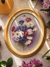 Vintage Oval Painting with Cream, Pink & Purple Flowers
