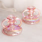 Vintage Pink Iridescent Handled Short Candlesticks (Set of 2)