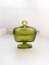Vintage Rectangular Green Glass Footed Lidded Dish with Lattice Edge