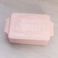 Vintage Rectangular Pink Milk Glass Lidded Dish with Ornate Designs