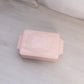 Vintage Rectangular Pink Milk Glass Lidded Dish with Ornate Designs