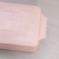 Vintage Rectangular Pink Milk Glass Lidded Dish with Ornate Designs
