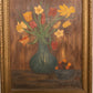 Vintage Rectangular Red Yellow Flowers in Blue Vase Painting on Board