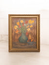 Vintage Rectangular Red Yellow Flowers in Blue Vase Painting on Board
